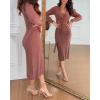 imageCHICME 2025 Elegant Cable Knit Wrap Dress for Women Long Sleeve V Neck Tie Waist Midi Sweater DressBrown