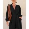 imageCHICME Womens 2025 Elegant Long Puff Sleeve Jumpsuit Deep V Neck Tie Waist Casual Wide Leg Pants Romper with PocketsBlack