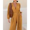 imageCHICME Womens 2025 Elegant Long Puff Sleeve Jumpsuit Deep V Neck Tie Waist Casual Wide Leg Pants Romper with PocketsBrown