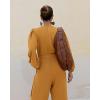 imageCHICME Womens 2025 Elegant Long Puff Sleeve Jumpsuit Deep V Neck Tie Waist Casual Wide Leg Pants Romper with PocketsBrown