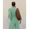 imageCHICME Womens 2025 Elegant Long Puff Sleeve Jumpsuit Deep V Neck Tie Waist Casual Wide Leg Pants Romper with PocketsLight Green