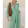imageCHICME Womens 2025 Elegant Long Puff Sleeve Jumpsuit Deep V Neck Tie Waist Casual Wide Leg Pants Romper with PocketsLight Green