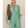 imageCHICME Womens 2025 Elegant Long Puff Sleeve Jumpsuit Deep V Neck Tie Waist Casual Wide Leg Pants Romper with PocketsLight Green