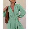 imageCHICME Womens 2025 Elegant Long Puff Sleeve Jumpsuit Deep V Neck Tie Waist Casual Wide Leg Pants Romper with PocketsLight Green