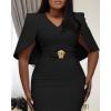 imageCHICME Womens Elegant Cape Sleeve Bodycon Midi Dress 2025 VNeck Back Slit Slim Fit Cocktail Pencil DressBlack