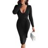 imageCHICME 2025 Elegant Cable Knit Wrap Dress for Women Long Sleeve V Neck Tie Waist Midi Sweater DressBlack
