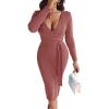 imageCHICME 2025 Elegant Cable Knit Wrap Dress for Women Long Sleeve V Neck Tie Waist Midi Sweater DressBrown