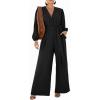 imageCHICME Womens 2025 Elegant Long Puff Sleeve Jumpsuit Deep V Neck Tie Waist Casual Wide Leg Pants Romper with PocketsBlack