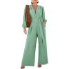 imageCHICME Womens 2025 Elegant Long Puff Sleeve Jumpsuit Deep V Neck Tie Waist Casual Wide Leg Pants Romper with PocketsLight Green