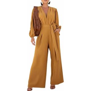 imageCHICME Womens 2025 Elegant Long Puff Sleeve Jumpsuit Deep V Neck Tie Waist Casual Wide Leg Pants Romper with PocketsBrown