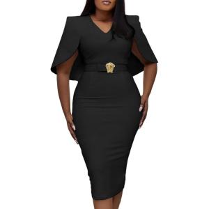 imageCHICME Womens Elegant Cape Sleeve Bodycon Midi Dress 2025 VNeck Back Slit Slim Fit Cocktail Pencil DressBlack