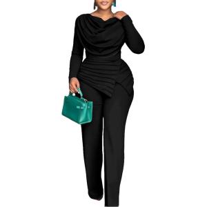 imageCHICME Womens Fall Jumpsuit Long Sleeve Jumpsuit Dressy Cowl Neck Asymmetrical Hem Overall Zipper Back One Piece OutfitBlack