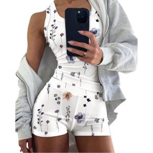 imageCHICME Womens Pajama Sets Casual Sleeveless Tank Top and Shorts Ribbed Knit 2 Piece Lounge SetOflower White