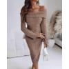 imageCHICME Womens Sexy Off Shoulder Bodycon Sweater Dress 2025 Long Sleeve Hollow Out Slim Fit Party Midi DressBrown