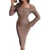 imageCHICME Womens Sexy Off Shoulder Bodycon Sweater Dress 2025 Long Sleeve Hollow Out Slim Fit Party Midi DressBrown