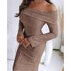 imageCHICME Womens Sexy Off Shoulder Bodycon Sweater Dress 2025 Long Sleeve Hollow Out Slim Fit Party Midi DressBrown