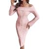imageCHICME Womens Sexy Off Shoulder Bodycon Sweater Dress 2025 Long Sleeve Hollow Out Slim Fit Party Midi DressPink