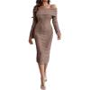 imageCHICME Womens Sexy Off Shoulder Bodycon Sweater Dress 2025 Long Sleeve Hollow Out Slim Fit Party Midi DressBrown
