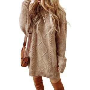 imageCHICME Women Round Neck Long Sleeve Sweater 2025 Cable Knit Casual Loose Fit Pullover Fall Winter SweatersAkhaki
