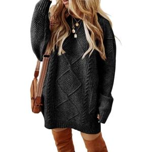 imageCHICME Women Round Neck Long Sleeve Sweater 2025 Cable Knit Casual Loose Fit Pullover Fall Winter SweatersBlack