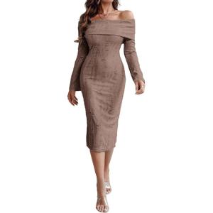 imageCHICME Womens Sexy Off Shoulder Bodycon Sweater Dress 2025 Long Sleeve Hollow Out Slim Fit Party Midi DressBrown
