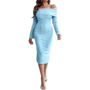 imageCHICME Womens Sexy Off Shoulder Bodycon Sweater Dress 2025 Long Sleeve Hollow Out Slim Fit Party Midi DressLighted Blue
