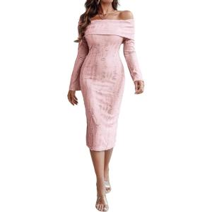 imageCHICME Womens Sexy Off Shoulder Bodycon Sweater Dress 2025 Long Sleeve Hollow Out Slim Fit Party Midi DressPink