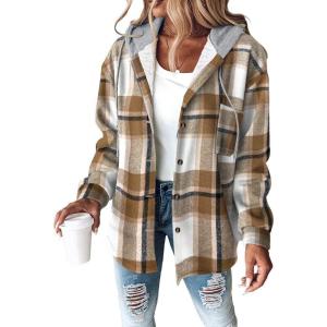 imageCHICME Womens Lightweight Casual Jacket 2025 Plaid Long Sleeve Shacket Fleece Lined Hooded Jackets Warm CoatBrown