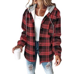imageCHICME Womens Lightweight Casual Jacket 2025 Plaid Long Sleeve Shacket Fleece Lined Hooded Jackets Warm CoatDark Red