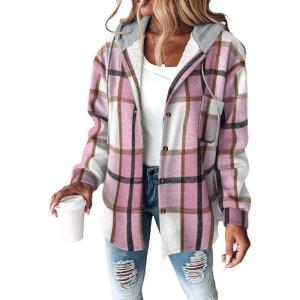 imageCHICME Womens Lightweight Casual Jacket 2025 Plaid Long Sleeve Shacket Fleece Lined Hooded Jackets Warm CoatPink