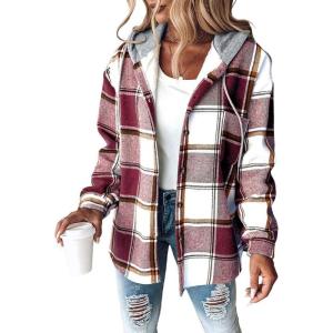 imageCHICME Womens Lightweight Casual Jacket 2025 Plaid Long Sleeve Shacket Fleece Lined Hooded Jackets Warm CoatRed