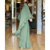 imageCHICME 2 Pieces Outfits for Women 2025 HighLow Ruffles Hem Cape Top and Casual Wide Leg Pants Travel Matching SetsGreen