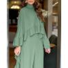 imageCHICME 2 Pieces Outfits for Women 2025 HighLow Ruffles Hem Cape Top and Casual Wide Leg Pants Travel Matching SetsGreen