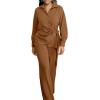 imageCHICME Womens 2 Piece Outfit 2025 Long Sleeve Drawstring Slit Asymmetrical Hem Top and Elastic Back Waist Wide Leg Pants SetBrown
