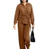 imageCHICME Womens 2 Piece Outfit 2025 Long Sleeve Drawstring Slit Asymmetrical Hem Top and Elastic Back Waist Wide Leg Pants SetBrown