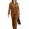 imageCHICME Womens 2 Piece Outfit 2025 Long Sleeve Drawstring Slit Asymmetrical Hem Top and Elastic Back Waist Wide Leg Pants SetBrown