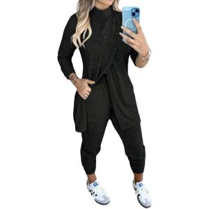 imageCHICME 2 Piece Long Sleeve Lounge Outfits for Women 2025 Mock Neck Decorative Button Slit Top and Stretchy Cuffed Pants SetBlack