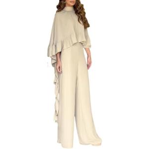 imageCHICME 2 Pieces Outfits for Women 2025 HighLow Ruffles Hem Cape Top and Casual Wide Leg Pants Travel Matching SetsApricot