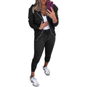 imageCHICME 2025 Women 2 Piece Outfits Sets Long Sleeve Zip Up Hoodie ampamp Stretchy Waist Joggers Sweatpants Set Casual Pants SetBlack