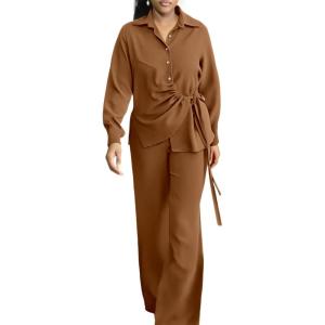 imageCHICME Womens 2 Piece Outfit 2025 Long Sleeve Drawstring Slit Asymmetrical Hem Top and Elastic Back Waist Wide Leg Pants SetBrown