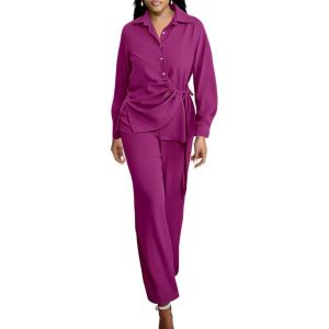 imageCHICME Womens 2 Piece Outfit 2025 Long Sleeve Drawstring Slit Asymmetrical Hem Top and Elastic Back Waist Wide Leg Pants SetHot Pink