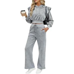 imageCHICME Womens 2 Piece Outfits 2025 Cropped Long Sleeve Hoodie and Wide Leg Sweatpants Set Fall Fashion Sweatsuit TracksuitAgray