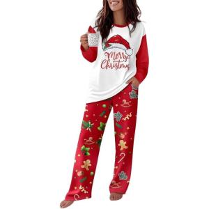 imageCHICME Womens Pajamas Sets 2 Piece Long Sleeve Lounge Set 2025 Loose Pants Pj Sets Loungewear with PocketsTsanta Hat Red