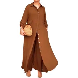 imageCHICME Womens 2 Piece Casual Outfits 2025 Long Sleeve Button Down Longline Shirt and Wide Leg Pants Set Lounge SetDark Brown