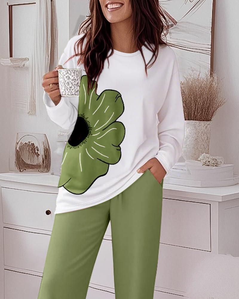 imageCHICME Essence Womens Loungewear Floral Print Long Sleeve Top and Pants SetgrS Green