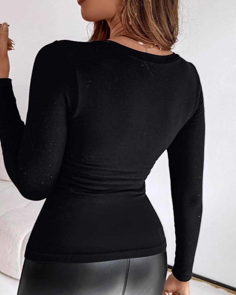 imageCHICME Women Seamless Builtin Bra Long Sleeve Shirts 2025 U Neck Knit TShirts Basic Tops Fall OutfitsBlack