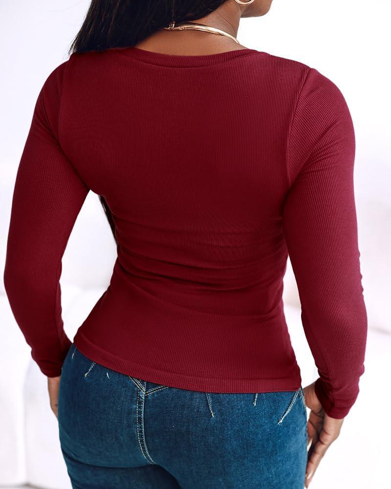 imageCHICME Women Seamless Builtin Bra Long Sleeve Shirts 2025 U Neck Knit TShirts Basic Tops Fall OutfitsWine Red