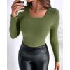imageCHICME Women Seamless Builtin Bra Long Sleeve Shirts 2025 U Neck Knit TShirts Basic Tops Fall OutfitsArmy Green