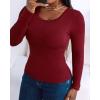 imageCHICME Women Seamless Builtin Bra Long Sleeve Shirts 2025 U Neck Knit TShirts Basic Tops Fall OutfitsWine Red