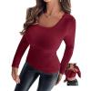 imageCHICME Women Seamless Builtin Bra Long Sleeve Shirts 2025 U Neck Knit TShirts Basic Tops Fall OutfitsWine Red